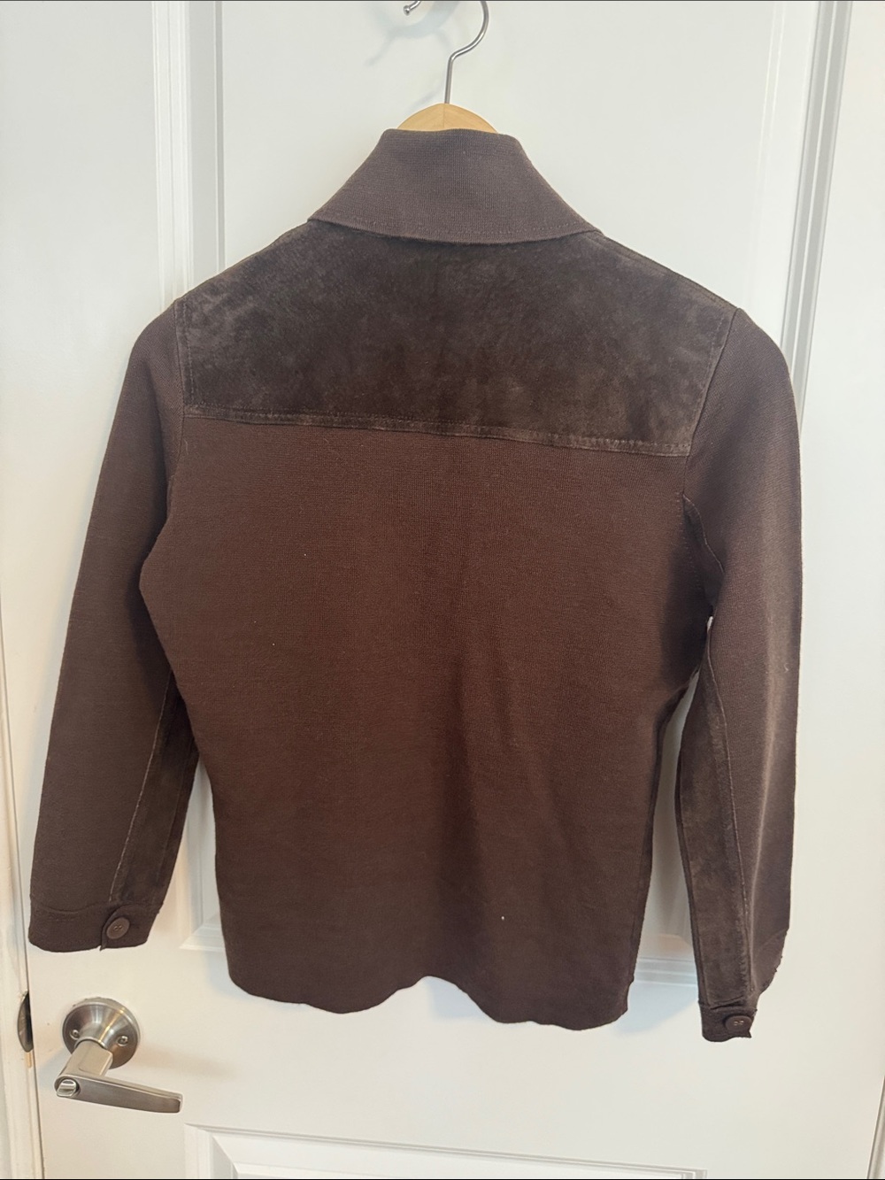 Suede and knit hand stitched Brown Floral Appliqué Button-Up Jacket - Picture 4 of 5